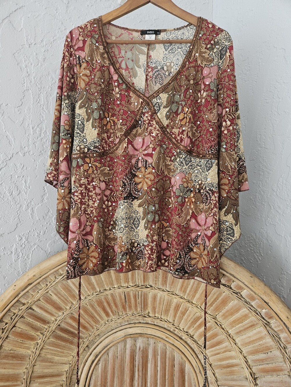 Vtg Ing+ USA Y2k Boho Women 3X Flowy Floral Sequin Festival Feminine Blouse - Picture 10 of 13